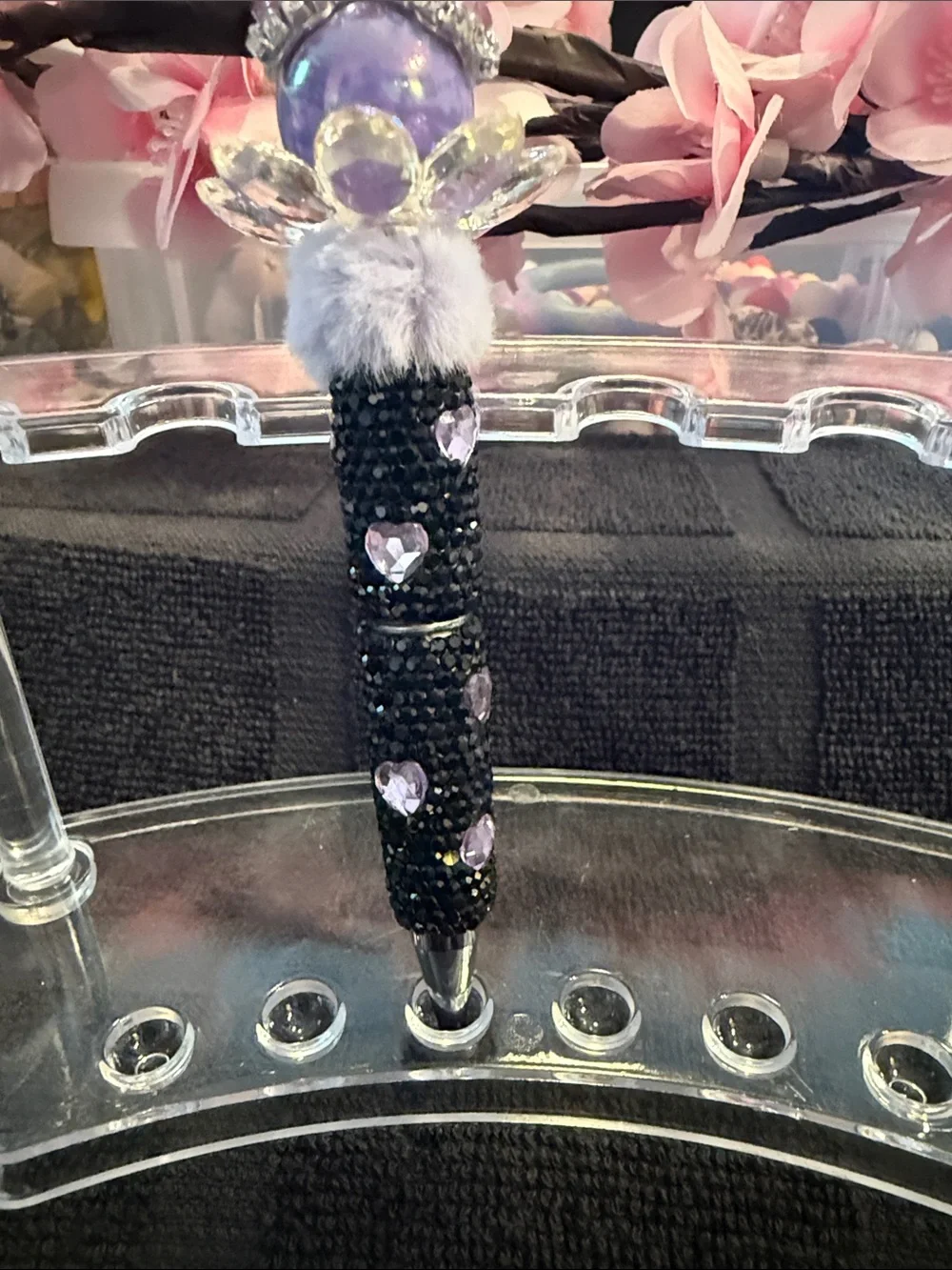 Handcrafted Black & Purple Decorative Pen with Heart Crystal Accent
